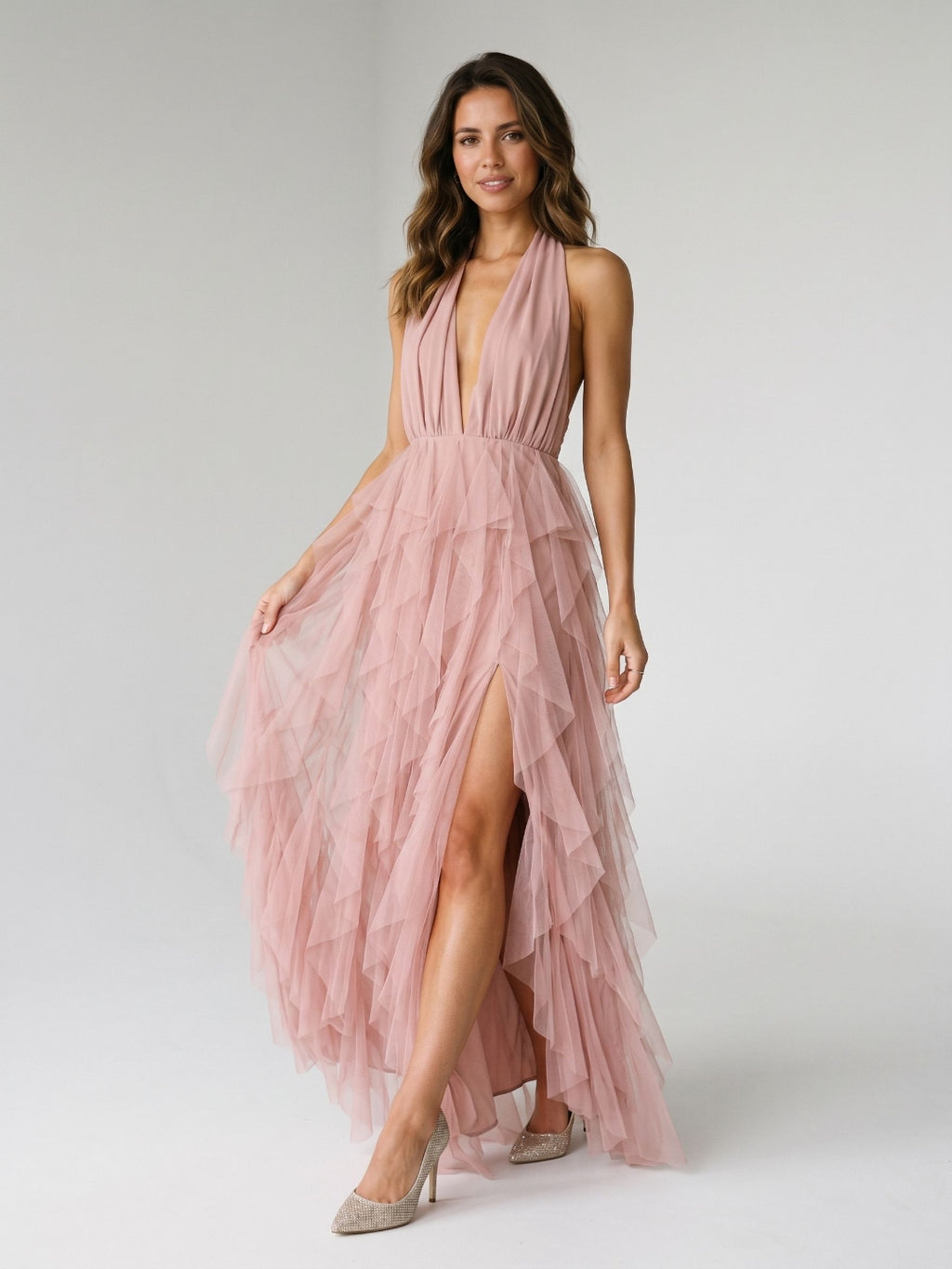 Dusty Rose Tulle A-Line Halter Backless Floor-Length Evening Dress with Cascading Ruffles