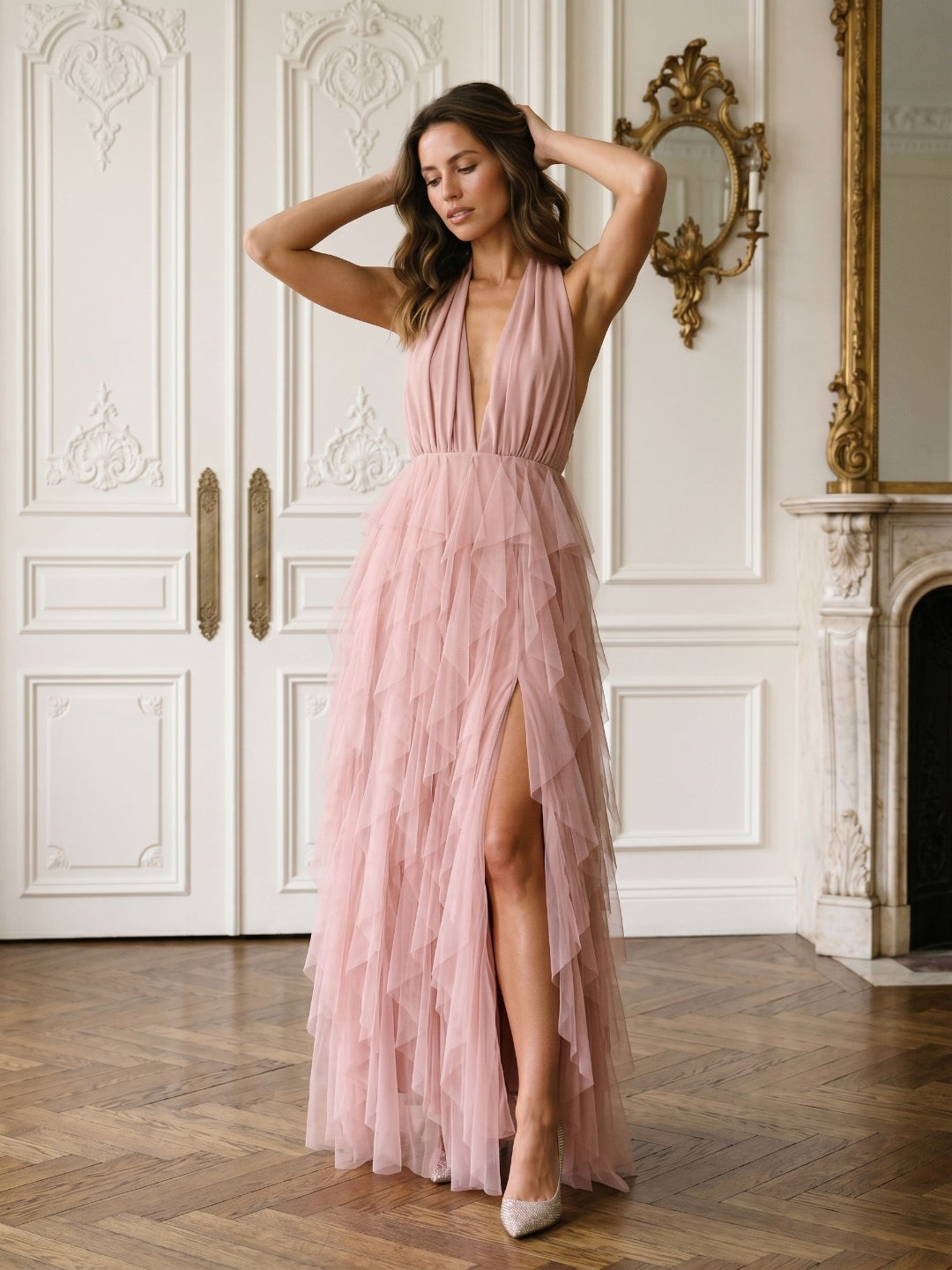 Dusty Rose Tulle A-Line Halter Backless Floor-Length Evening Dress with Cascading Ruffles