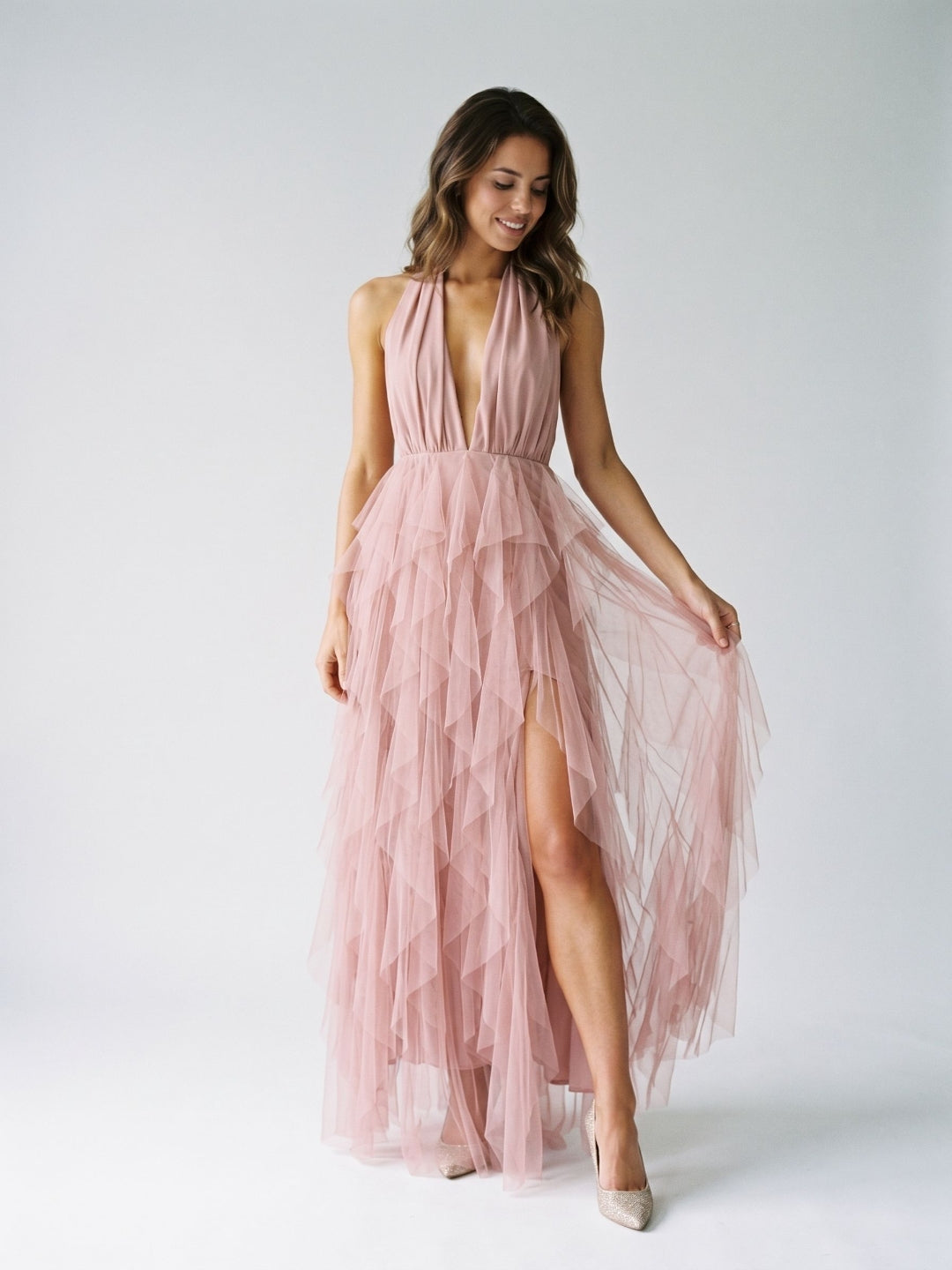 Dusty Rose Tulle A-Line Halter Backless Floor-Length Evening Dress with Cascading Ruffles
