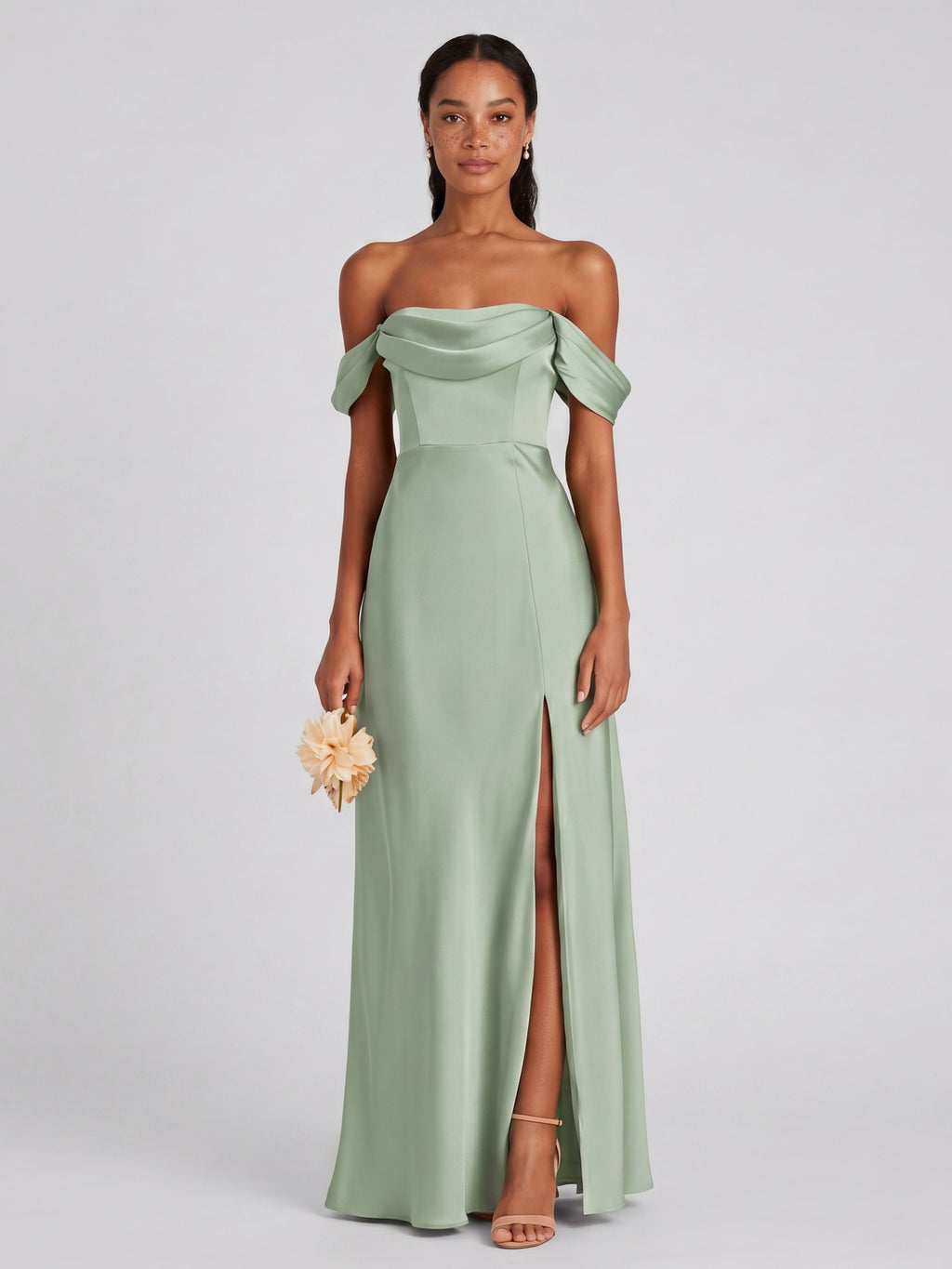 Elegant Dusty Sage Matte Satin A-Line Straight Neck Back Zip Ankle-Length Bridesmaid Dress