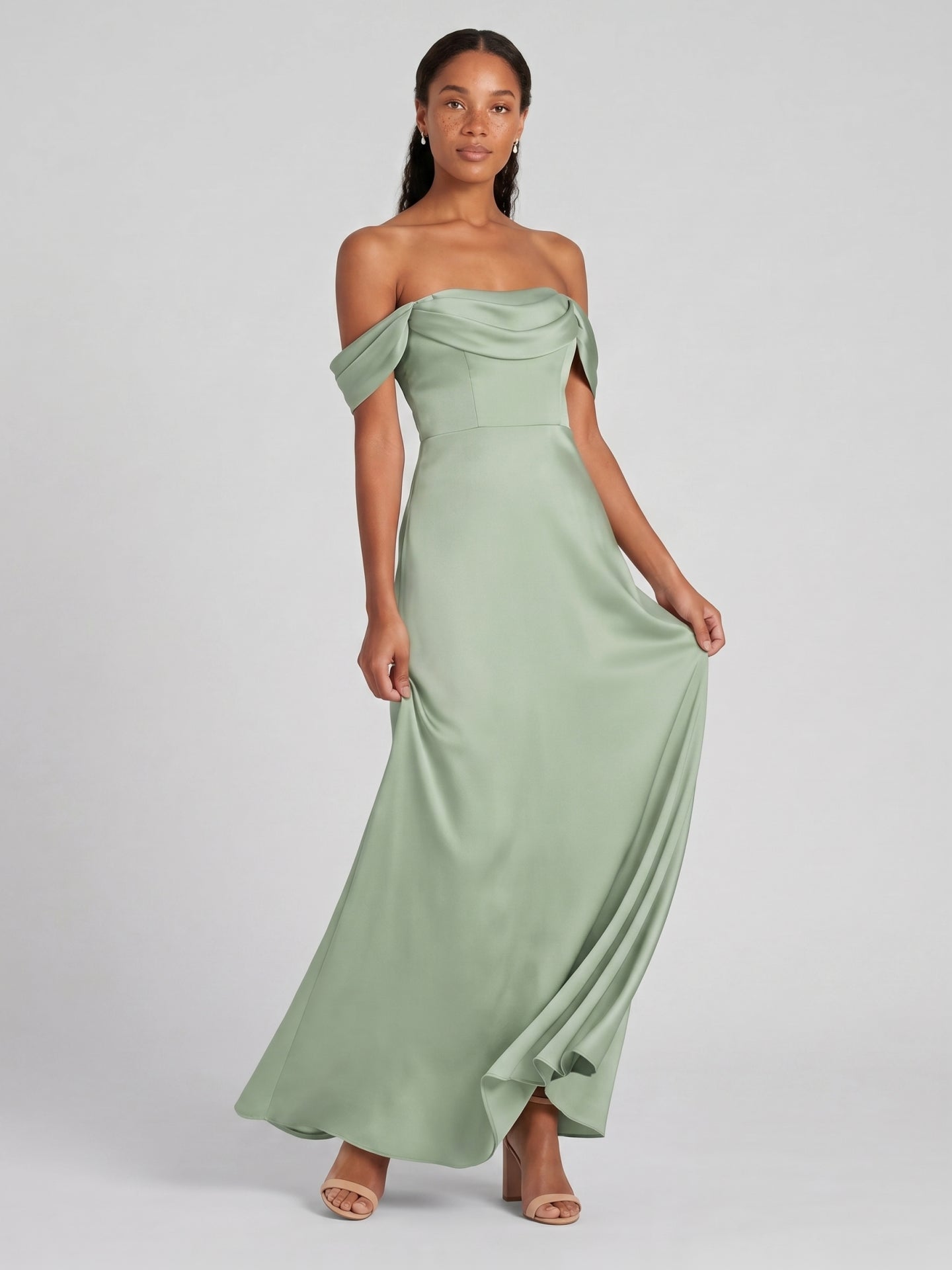 Elegant Dusty Sage Matte Satin A-Line Straight Neck Back Zip Ankle-Length Bridesmaid Dress
