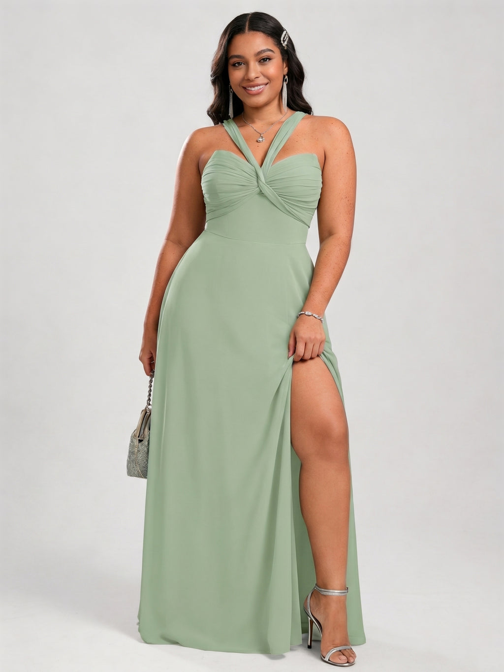 Modest Dusty Sage Chiffon A-Line Square Neck Ankle-Length Plus Size Bridesmaid Dress