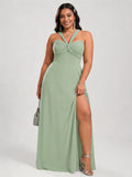 Modest Dusty Sage Chiffon A-Line Square Neck Ankle-Length Plus Size Bridesmaid Dress