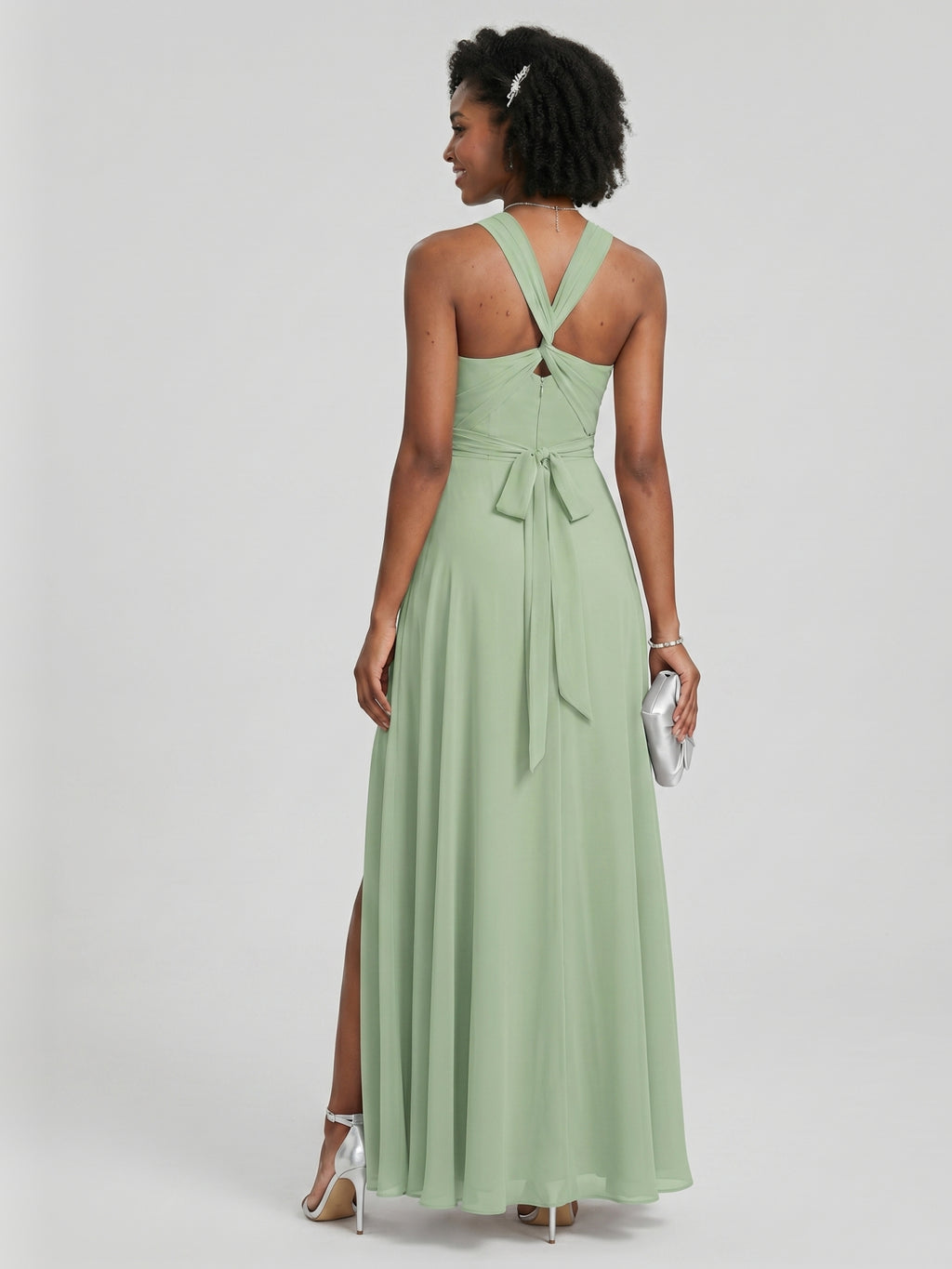 Modest Dusty Sage Chiffon A-Line Square Neck Ankle-Length Plus Size Bridesmaid Dress
