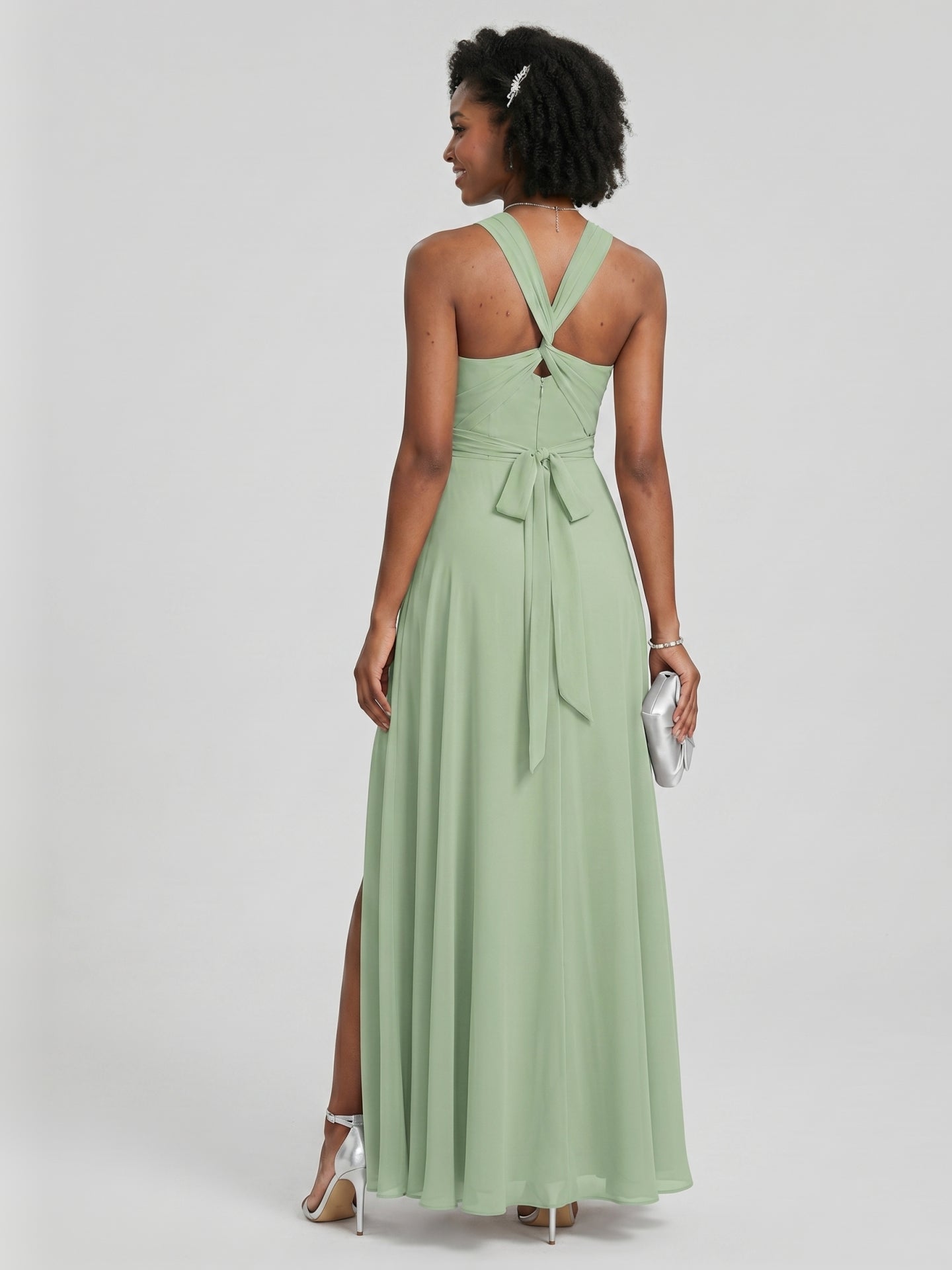 Modest Dusty Sage Chiffon A-Line Square Neck Ankle-Length Plus Size Bridesmaid Dress
