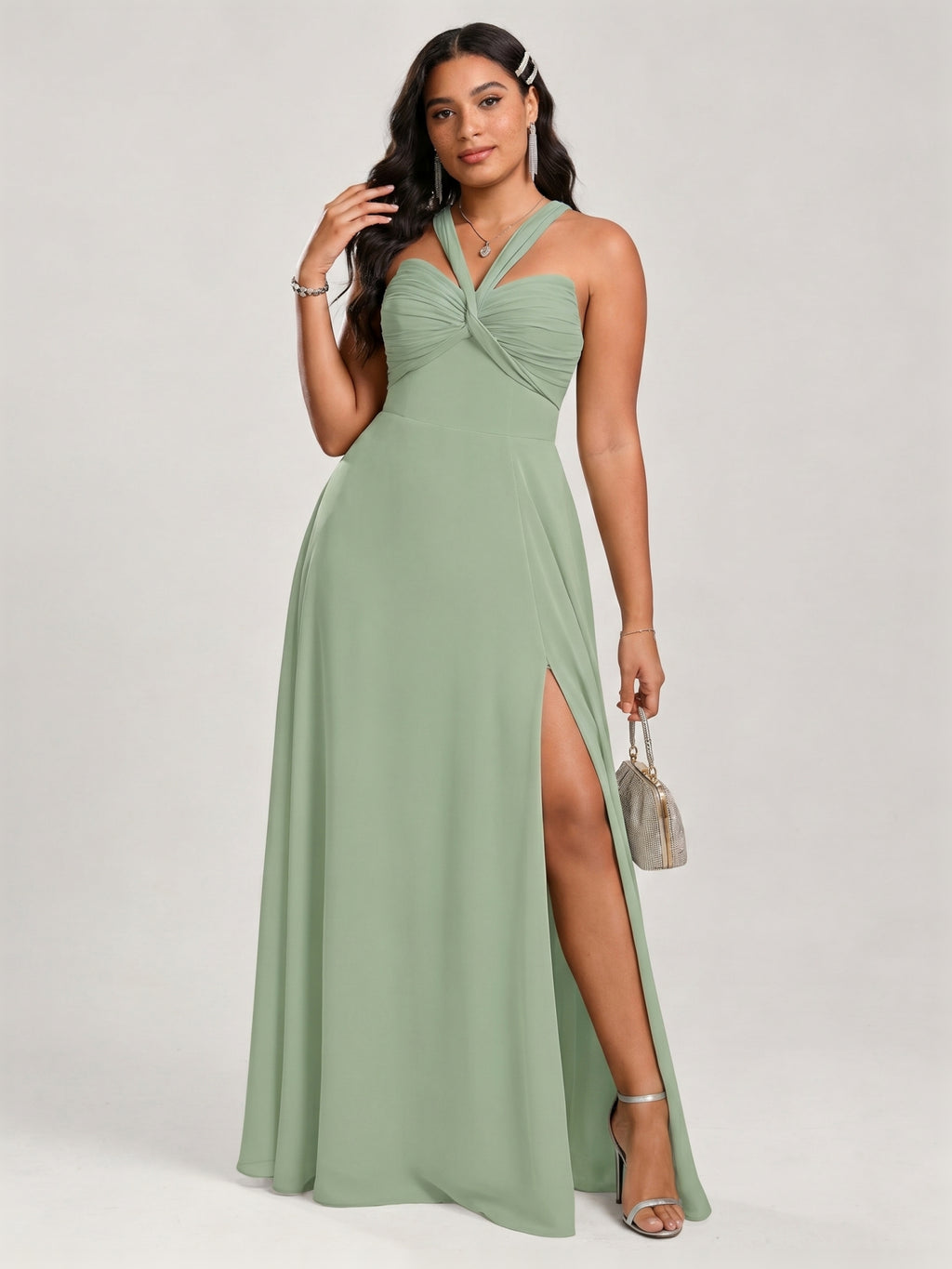 Modest Dusty Sage Chiffon A-Line Square Neck Ankle-Length Plus Size Bridesmaid Dress