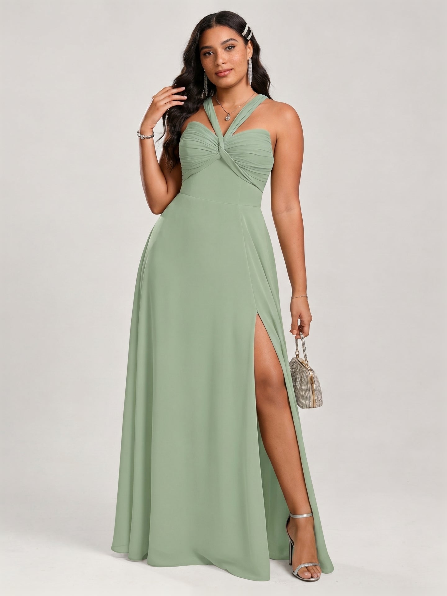 Modest Dusty Sage Chiffon A-Line Square Neck Ankle-Length Plus Size Bridesmaid Dress