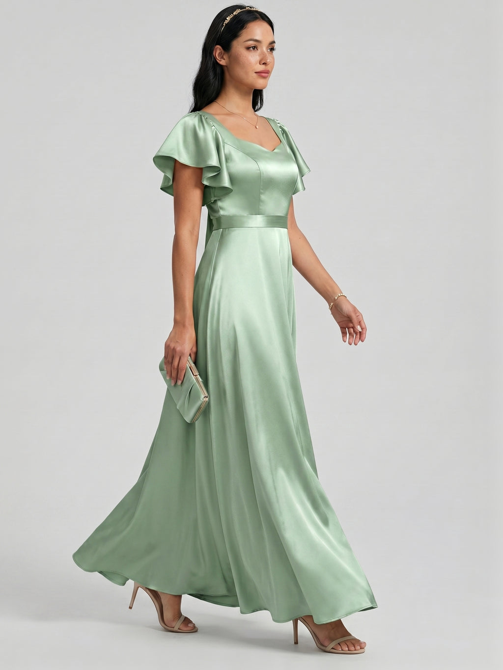 Modest Dusty Sage Satin A-Line Square Neck Backless Bow Ankle-Length Bridesmaid Dress