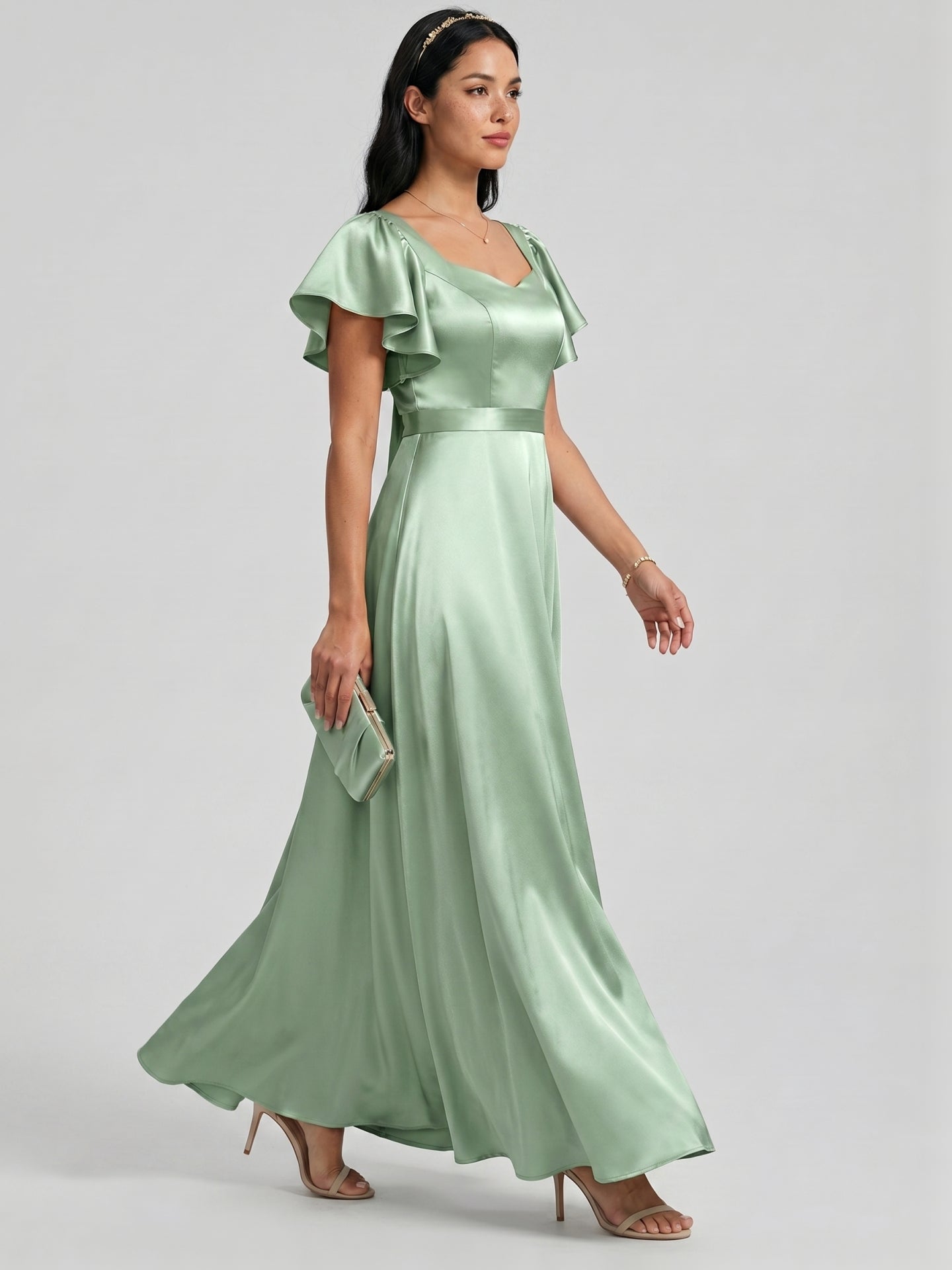 Modest Dusty Sage Satin A-Line Square Neck Backless Bow Ankle-Length Bridesmaid Dress
