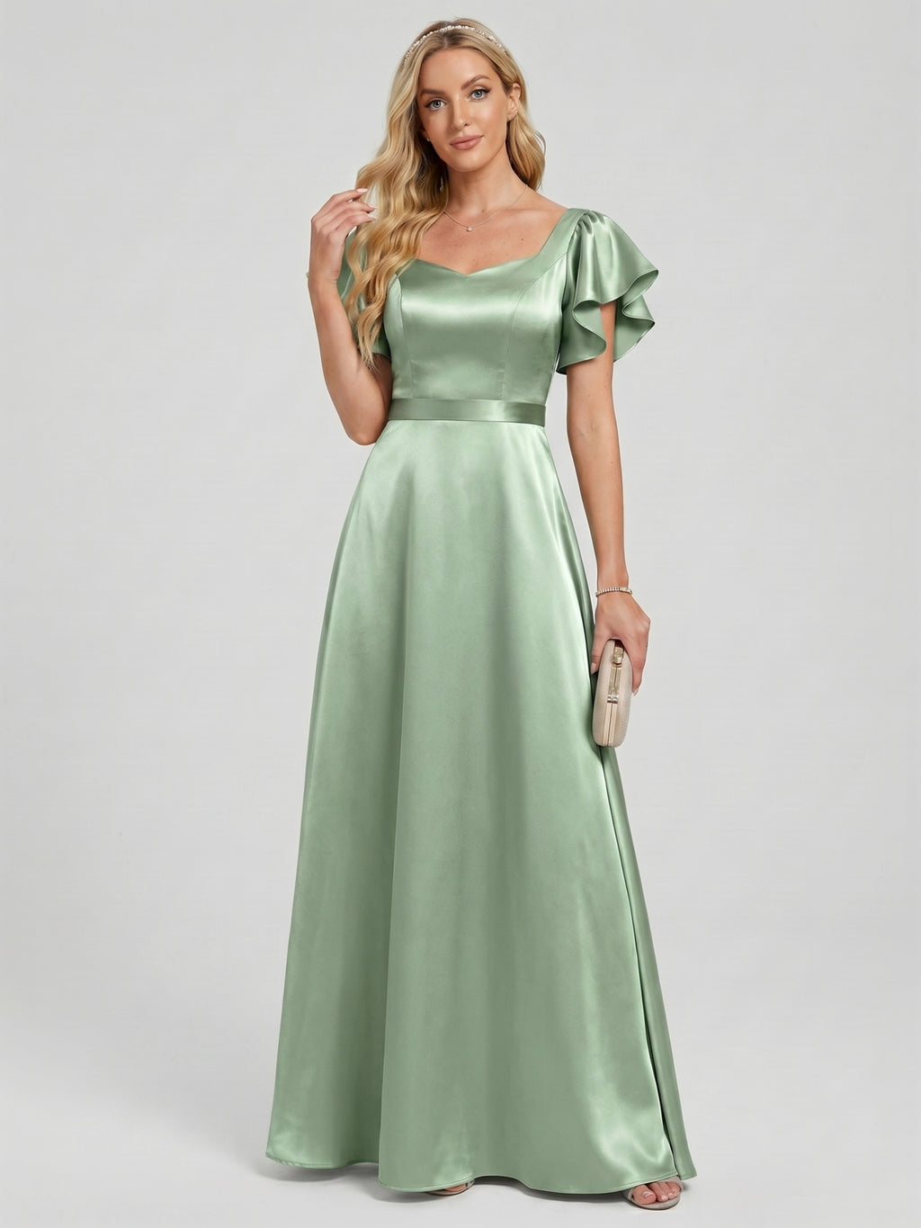 Modest Dusty Sage Satin A-Line Square Neck Backless Bow Ankle-Length Bridesmaid Dress
