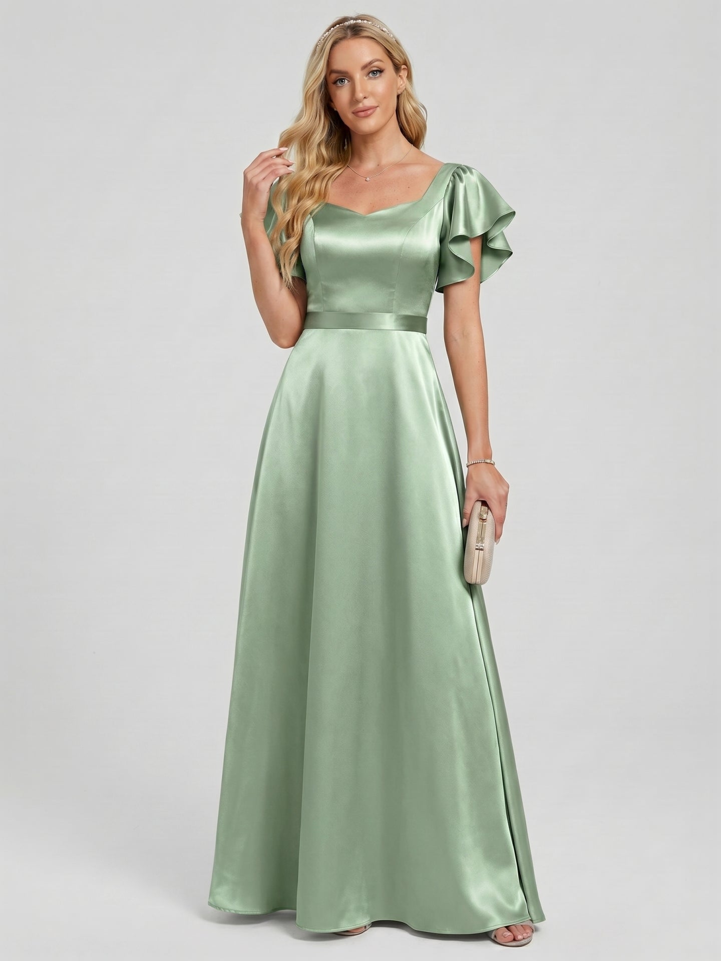 Modest Dusty Sage Satin A-Line Square Neck Backless Bow Ankle-Length Bridesmaid Dress