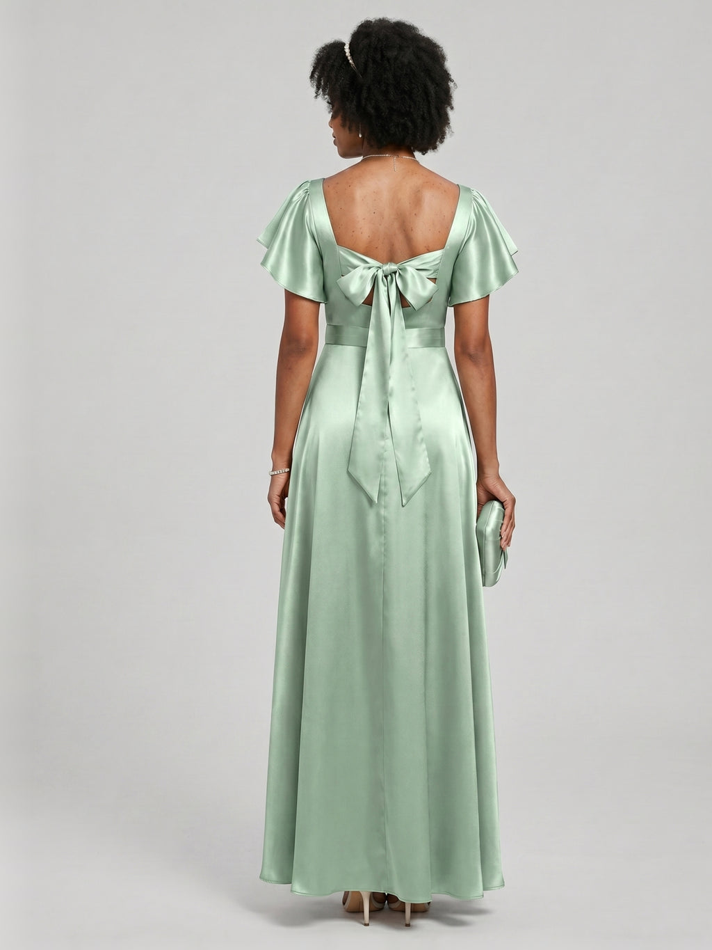 Modest Dusty Sage Satin A-Line Square Neck Backless Bow Ankle-Length Bridesmaid Dress