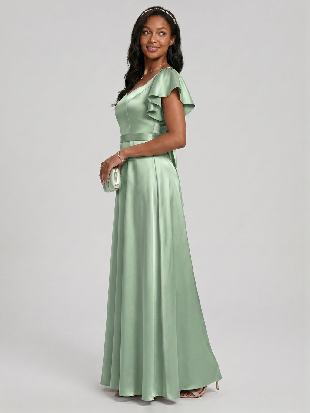 Modest Dusty Sage Satin A-Line Square Neck Backless Bow Ankle-Length Bridesmaid Dress