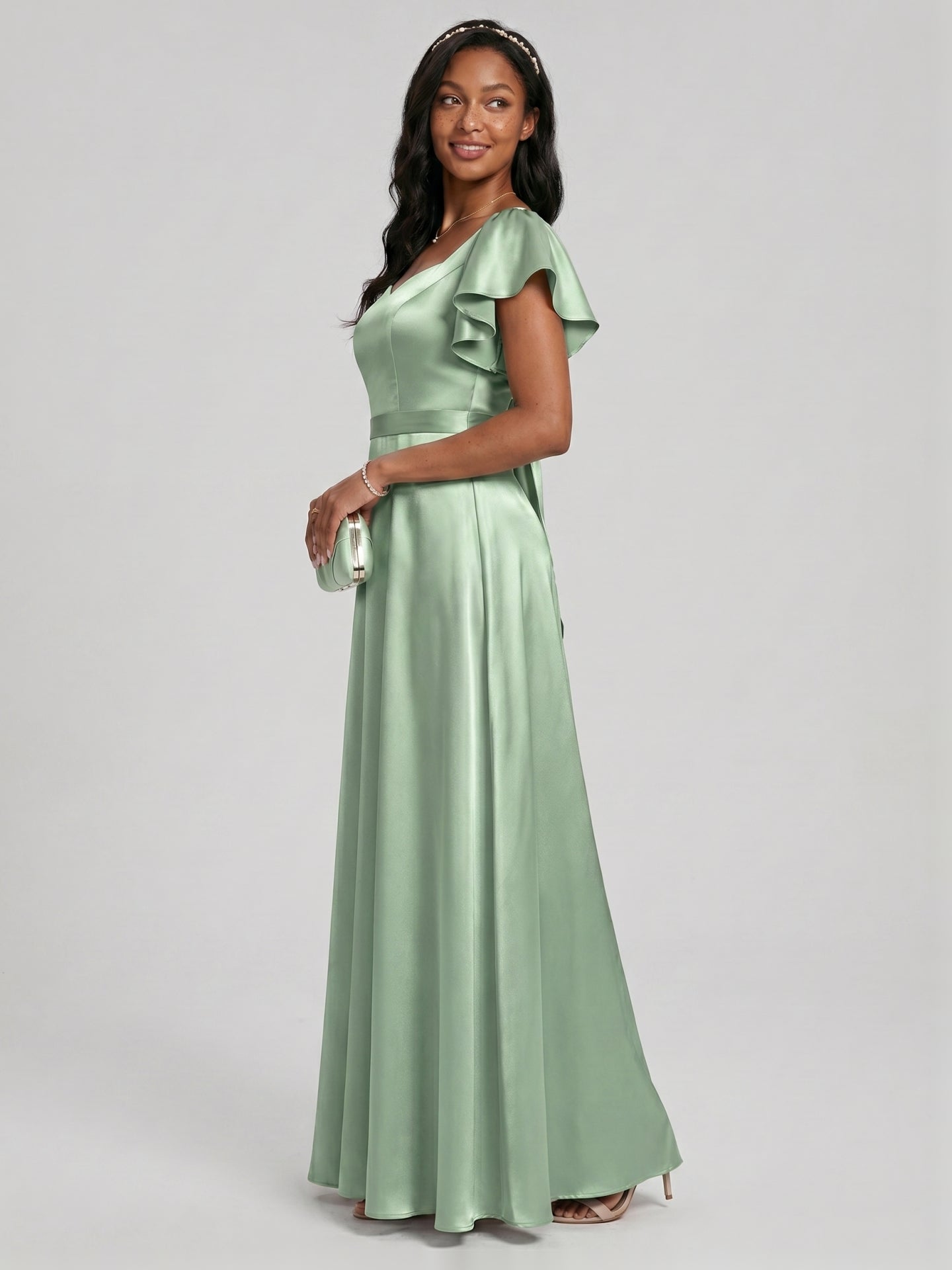 Modest Dusty Sage Satin A-Line Square Neck Backless Bow Ankle-Length Bridesmaid Dress