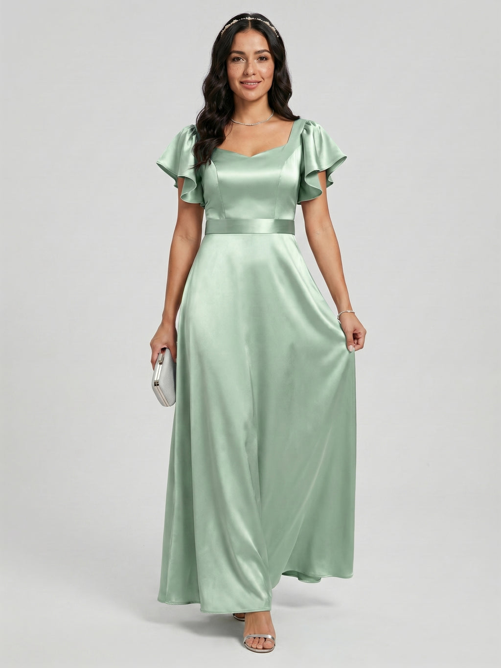 Modest Dusty Sage Satin A-Line Square Neck Backless Bow Ankle-Length Bridesmaid Dress