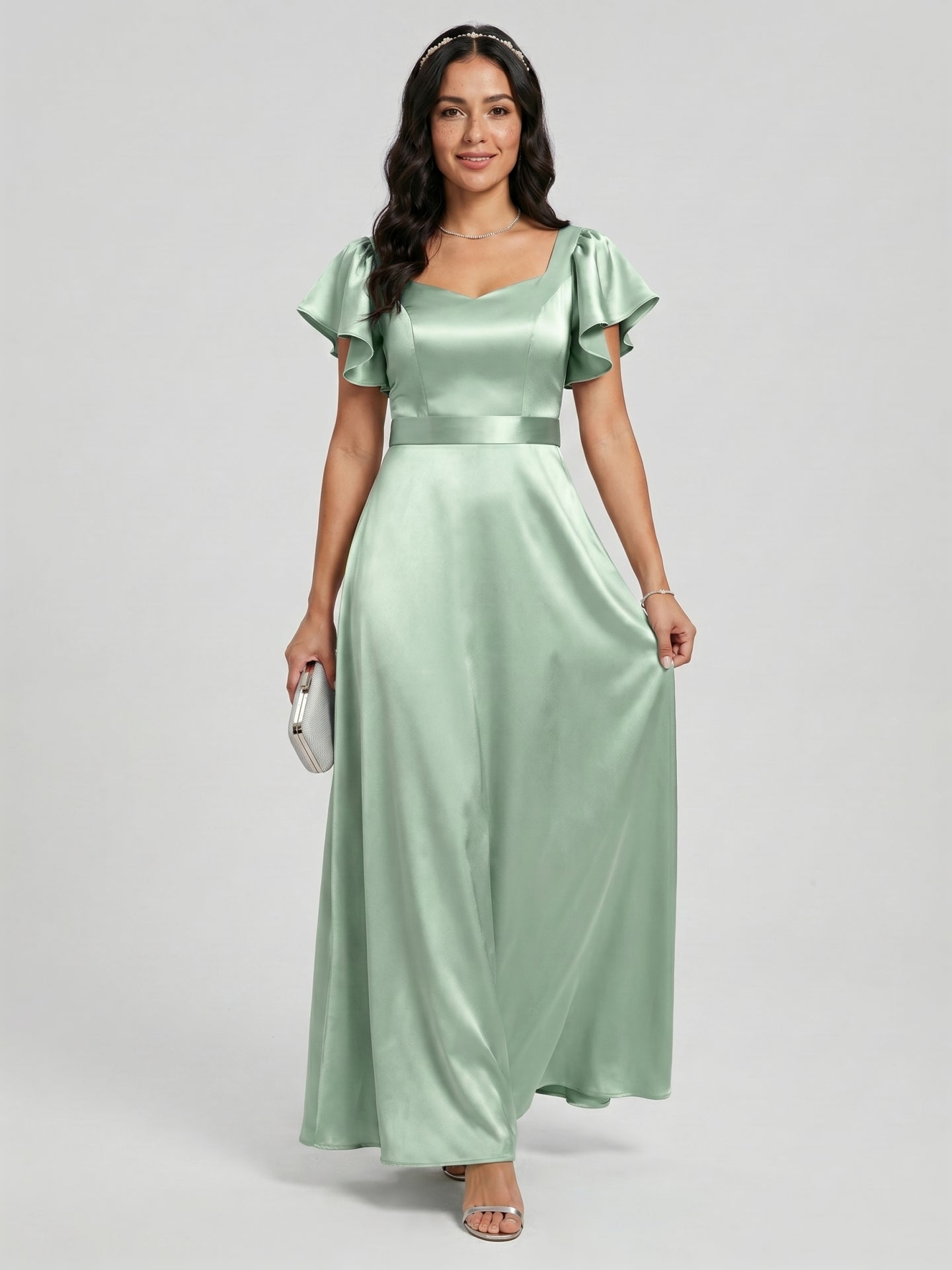 Modest Dusty Sage Satin A-Line Square Neck Backless Bow Ankle-Length Bridesmaid Dress