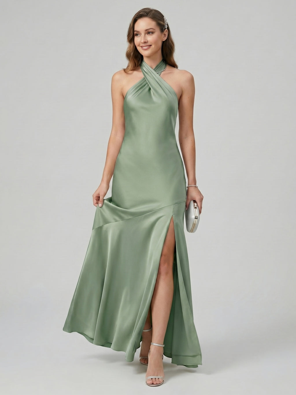Elegant Dusty Sage Matte Satin mermaid Halter neckline Backless Ankle-Length Bridesmaid Dress