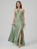 Elegant Dusty Sage Matte Satin mermaid Halter neckline Backless Ankle-Length Bridesmaid Dress