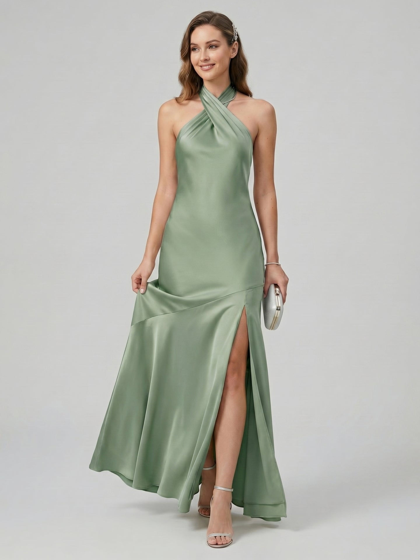 Elegant Dusty Sage Matte Satin mermaid Halter neckline Backless Ankle-Length Bridesmaid Dress