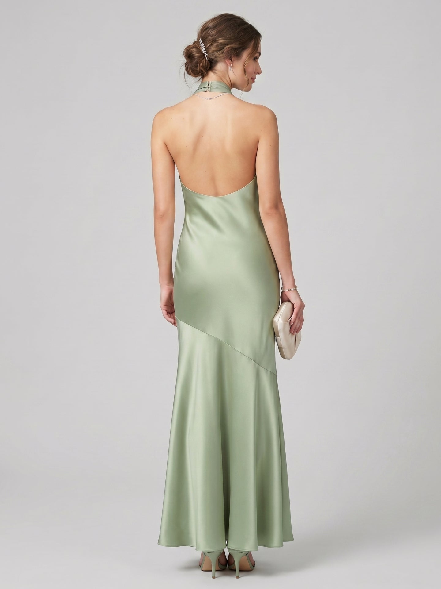 Elegant Dusty Sage Matte Satin mermaid Halter neckline Backless Ankle-Length Bridesmaid Dress