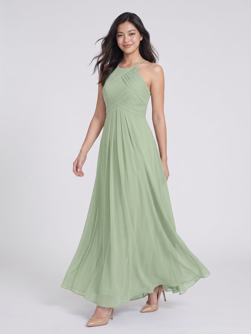 Dusty Sage Chiffon A-Line Halter Neckline Keyhole Back Floor-Length Bridesmaid Dress with Pleating