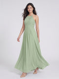 Dusty Sage Chiffon A-Line Halter Neckline Keyhole Back Floor-Length Bridesmaid Dress with Pleating