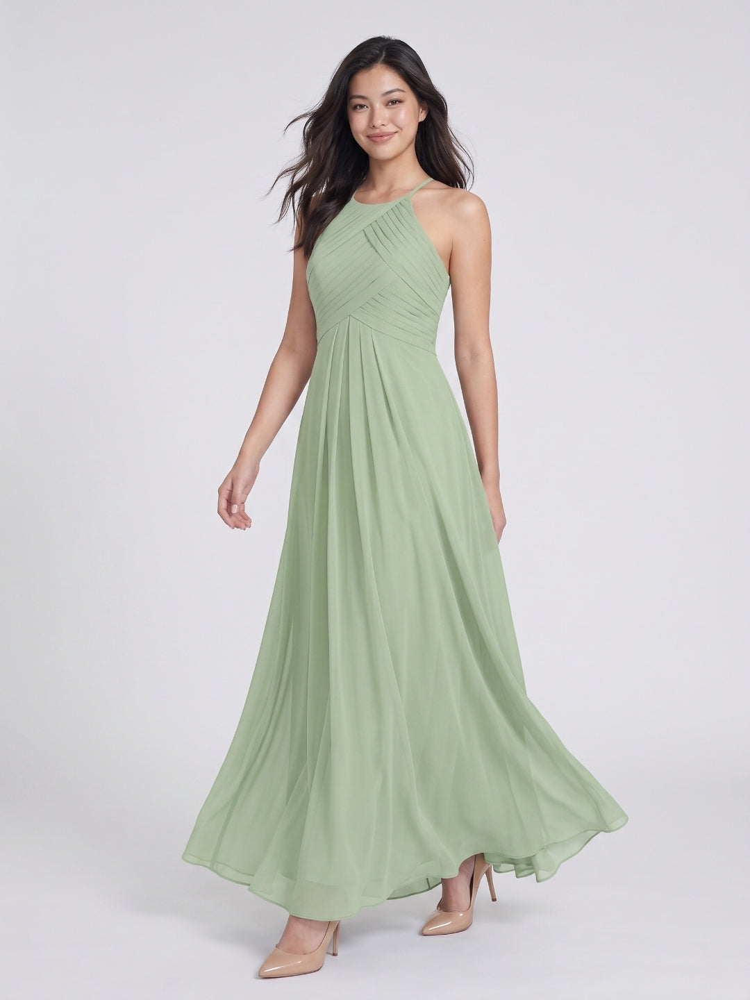Dusty Sage Chiffon A-Line Halter Neckline Keyhole Back Floor-Length Bridesmaid Dress with Pleating