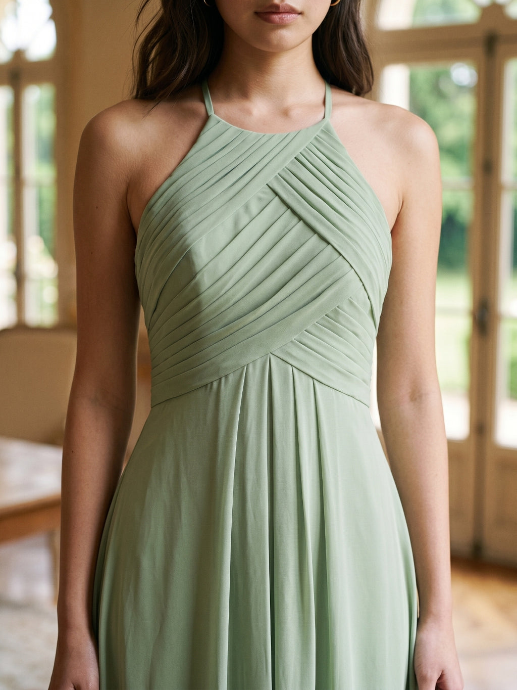 Dusty Sage Chiffon A-Line Halter Neckline Keyhole Back Floor-Length Bridesmaid Dress with Pleating