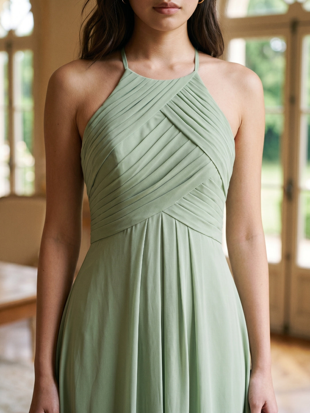 Dusty Sage Chiffon A-Line Halter Neckline Keyhole Back Floor-Length Bridesmaid Dress with Pleating