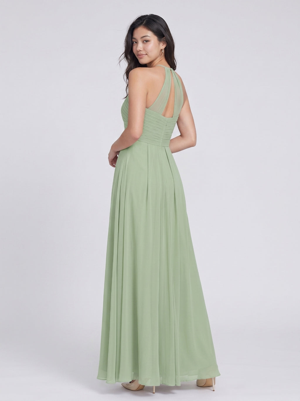Dusty Sage Chiffon A-Line Halter Neckline Keyhole Back Floor-Length Bridesmaid Dress with Pleating