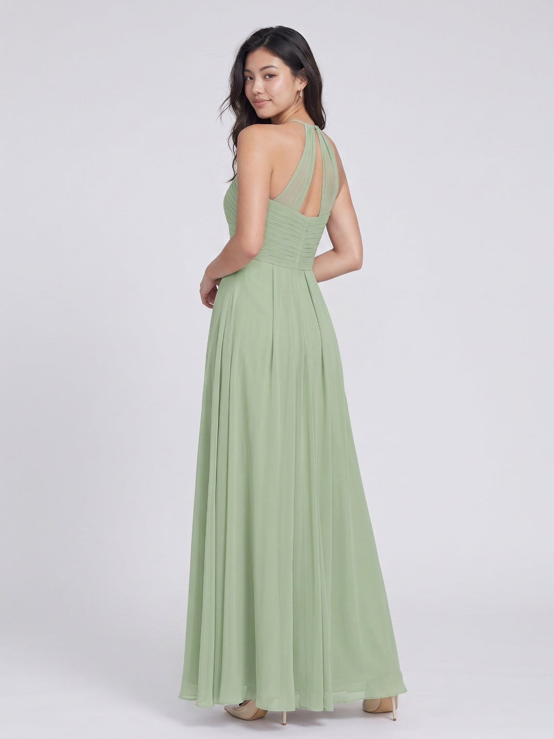 Dusty Sage Chiffon A-Line Halter Neckline Keyhole Back Floor-Length Bridesmaid Dress with Pleating