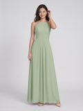 Dusty Sage Chiffon A-Line Halter Neckline Keyhole Back Floor-Length Bridesmaid Dress with Pleating