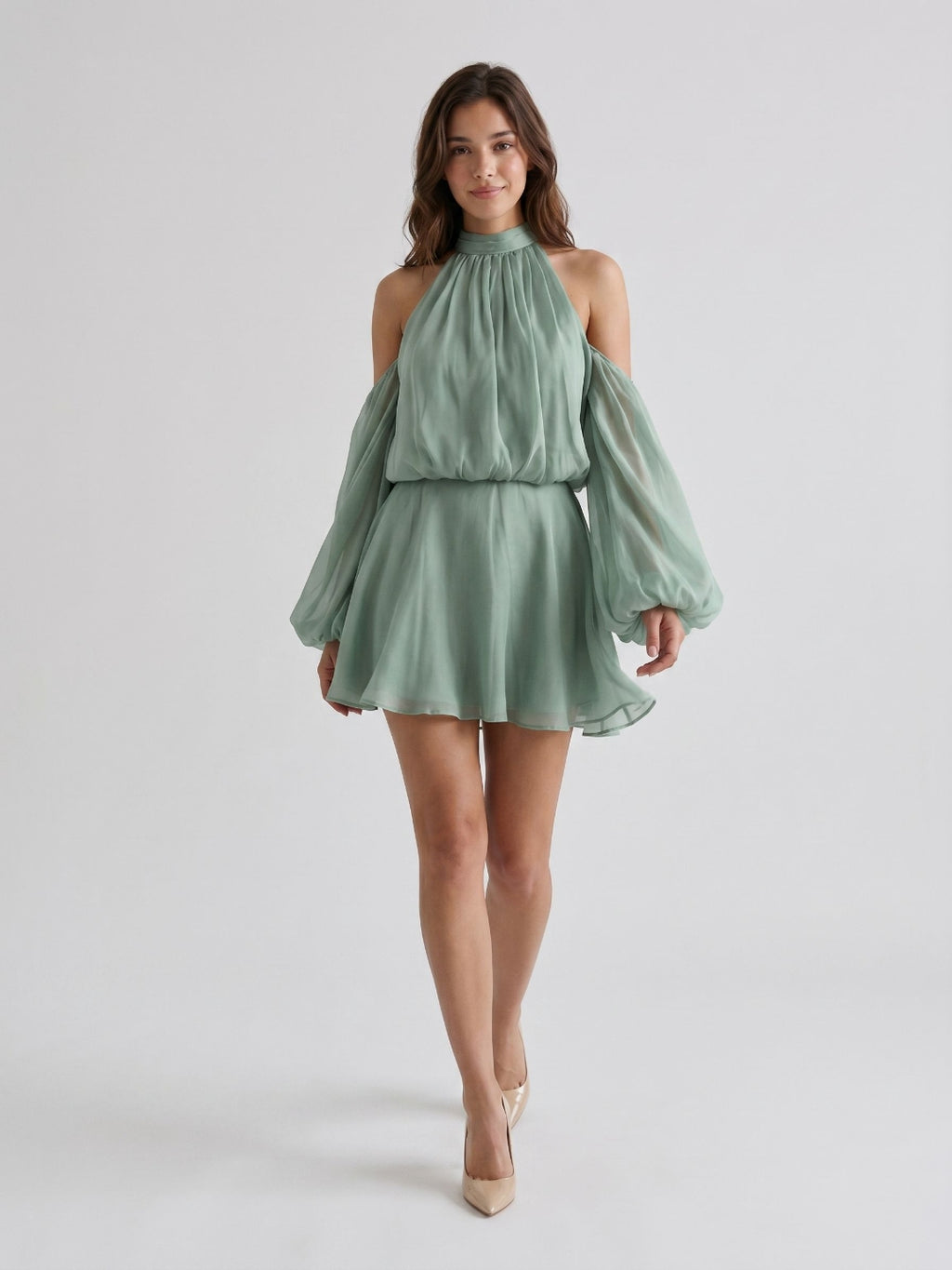 Dusty Sage Chiffon A-Line Scoop Neck Back Zip Short Birthday Dress
