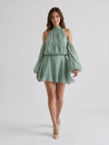 Dusty Sage Chiffon A-Line Scoop Neck Back Zip Short Birthday Dress