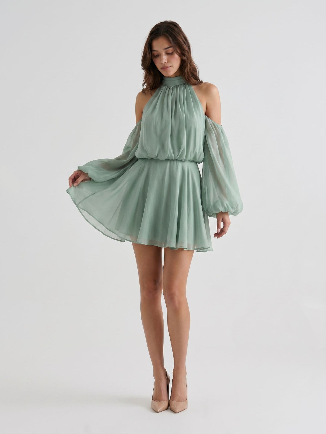 Dusty Sage Chiffon A-Line Scoop Neck Back Zip Short Birthday Dress