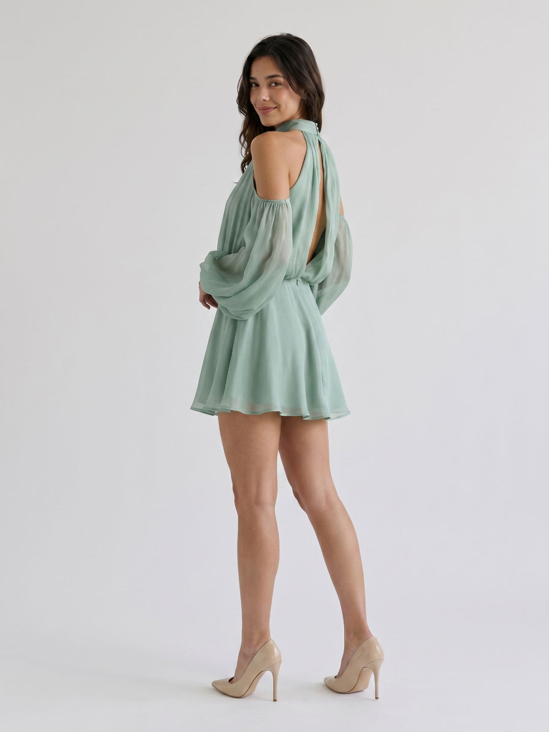 Dusty Sage Chiffon A-Line Scoop Neck Back Zip Short Birthday Dress