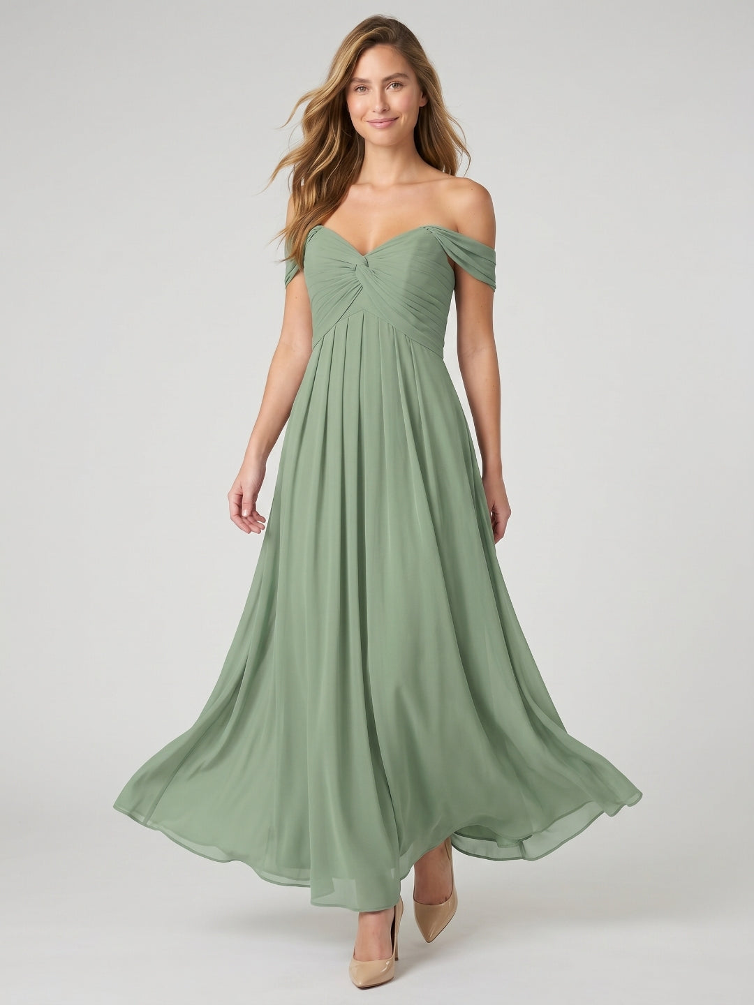 Dusty Sage Chiffon A-Line V-Neck Backless Floor-Length Bridesmaid Dress with Pleating
