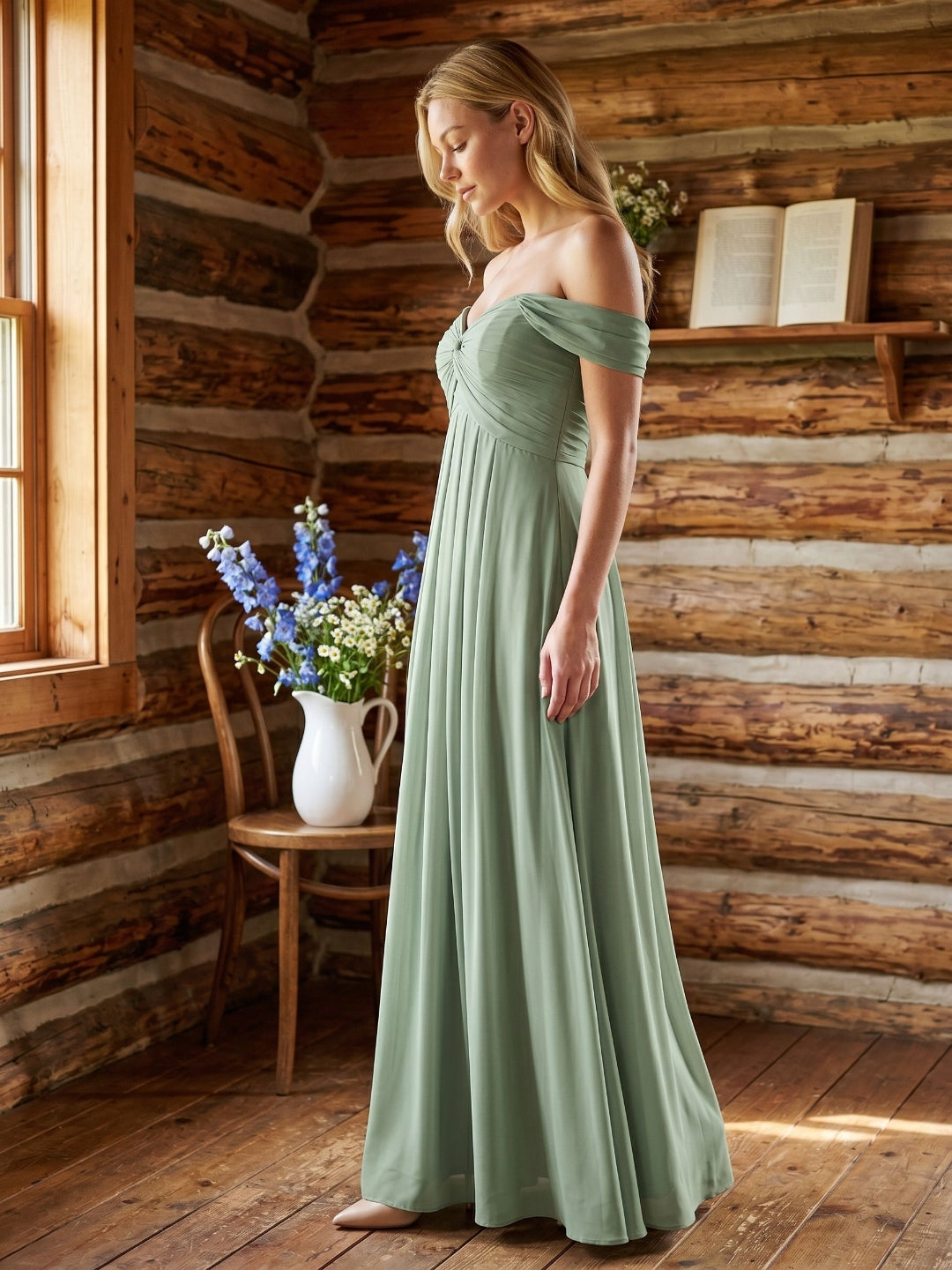 Dusty Sage Chiffon A-Line V-Neck Backless Floor-Length Bridesmaid Dress with Pleating