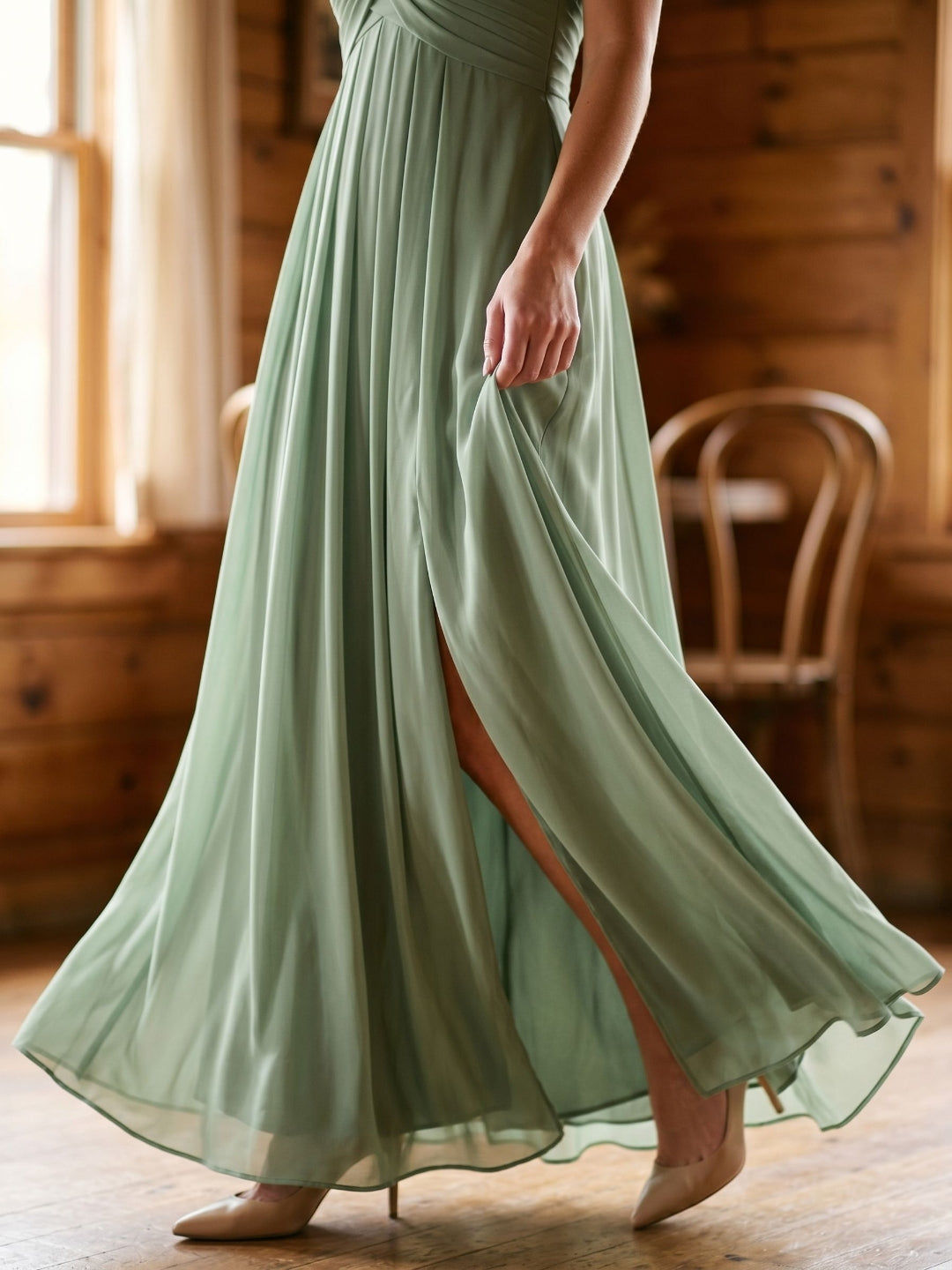 Dusty Sage Chiffon A-Line V-Neck Backless Floor-Length Bridesmaid Dress with Pleating