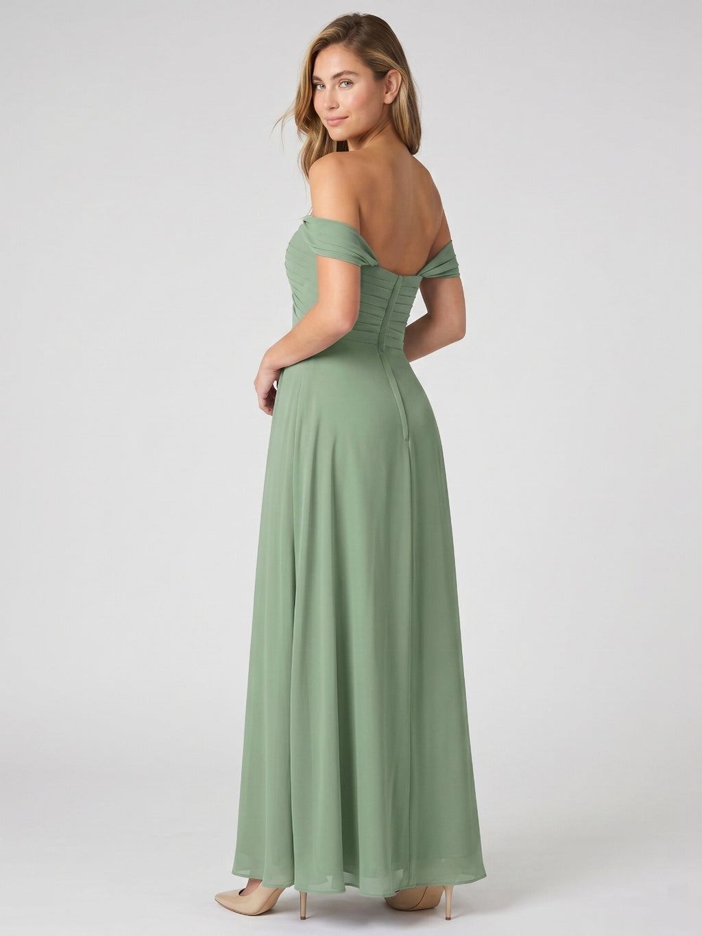 Dusty Sage Chiffon A-Line V-Neck Backless Floor-Length Bridesmaid Dress with Pleating