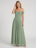 Dusty Sage Chiffon A-Line V-Neck Backless Floor-Length Bridesmaid Dress with Pleating