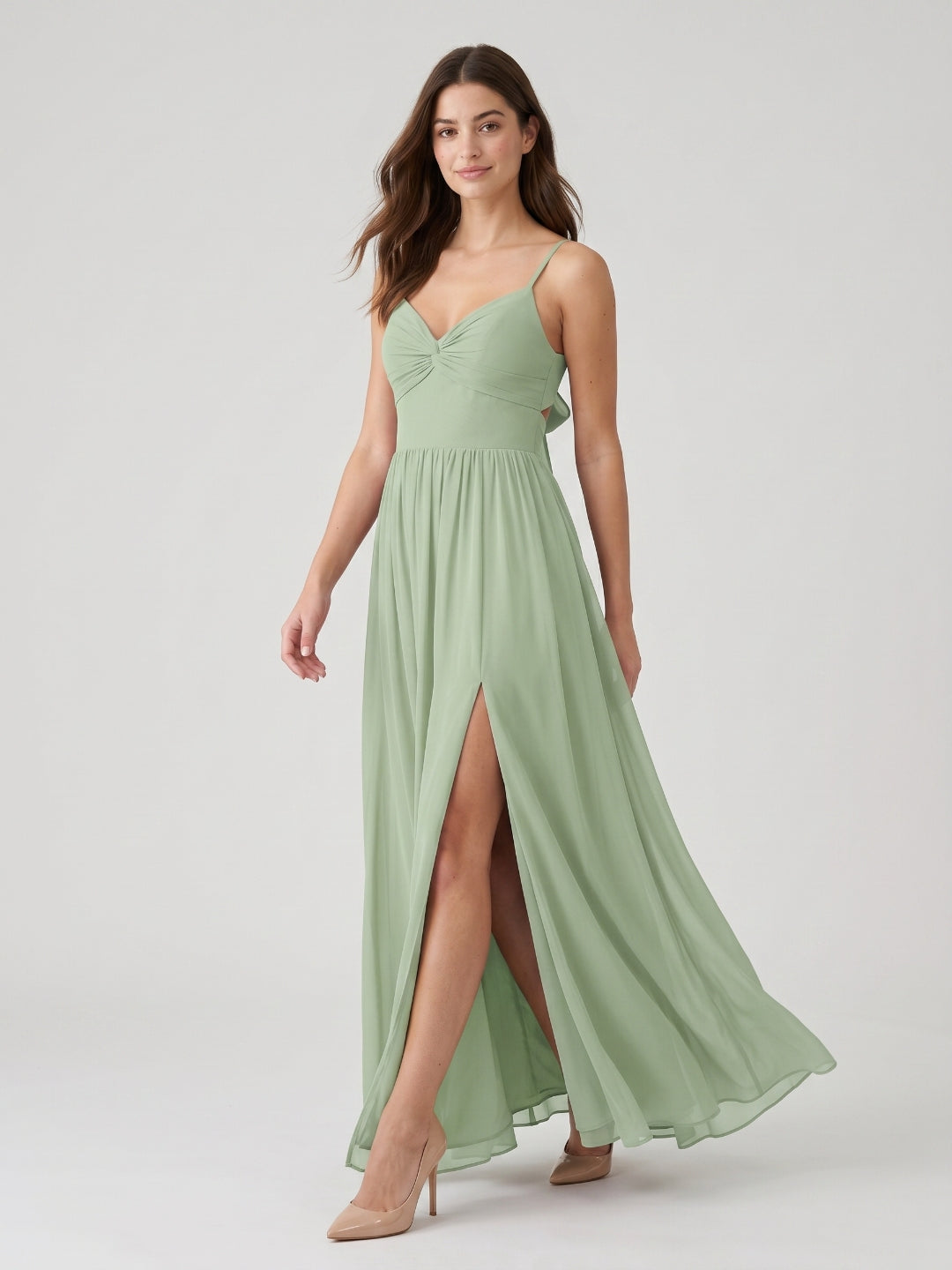 Dusty Sage Chiffon A-Line V-Neck Bow Back Floor-Length Bridesmaid Dress with Bow Detail