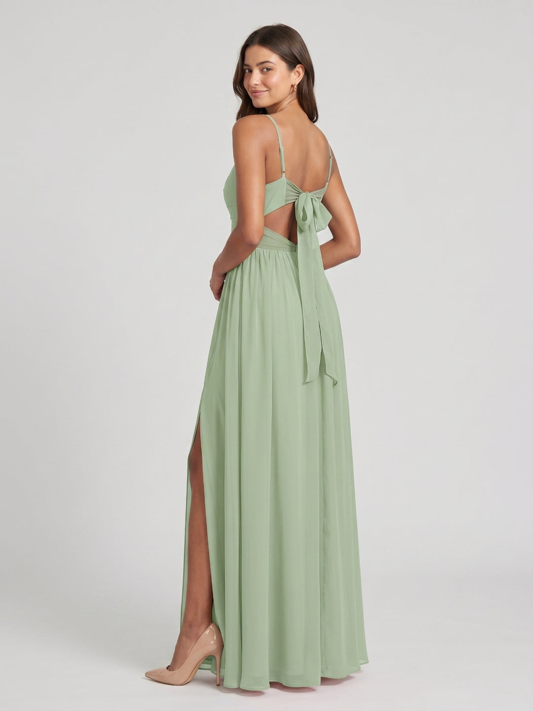 Dusty Sage Chiffon A-Line V-Neck Bow Back Floor-Length Bridesmaid Dress with Bow Detail