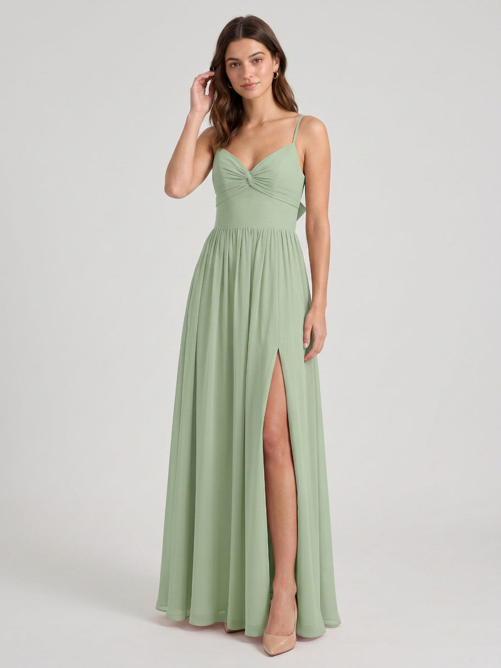 Dusty Sage Chiffon A-Line V-Neck Bow Back Floor-Length Bridesmaid Dress with Bow Detail