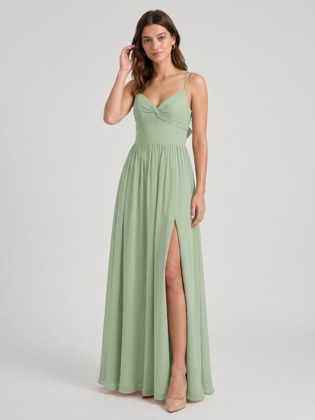 Dusty Sage Chiffon A-Line V-Neck Bow Back Floor-Length Bridesmaid Dress with Bow Detail