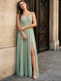 Dusty Sage Chiffon A-Line V-Neck Criss-Cross Straps Floor-Length Bridesmaid Dress with Pleating