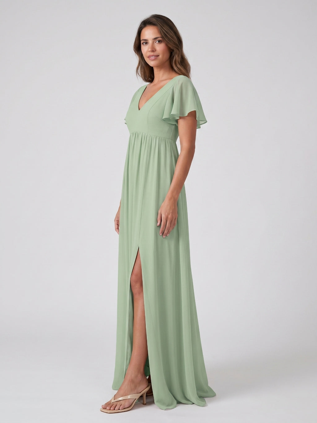 Dusty Sage Chiffon A-Line V-Neck V-Back Floor-Length Bridesmaid Dress with Pleating