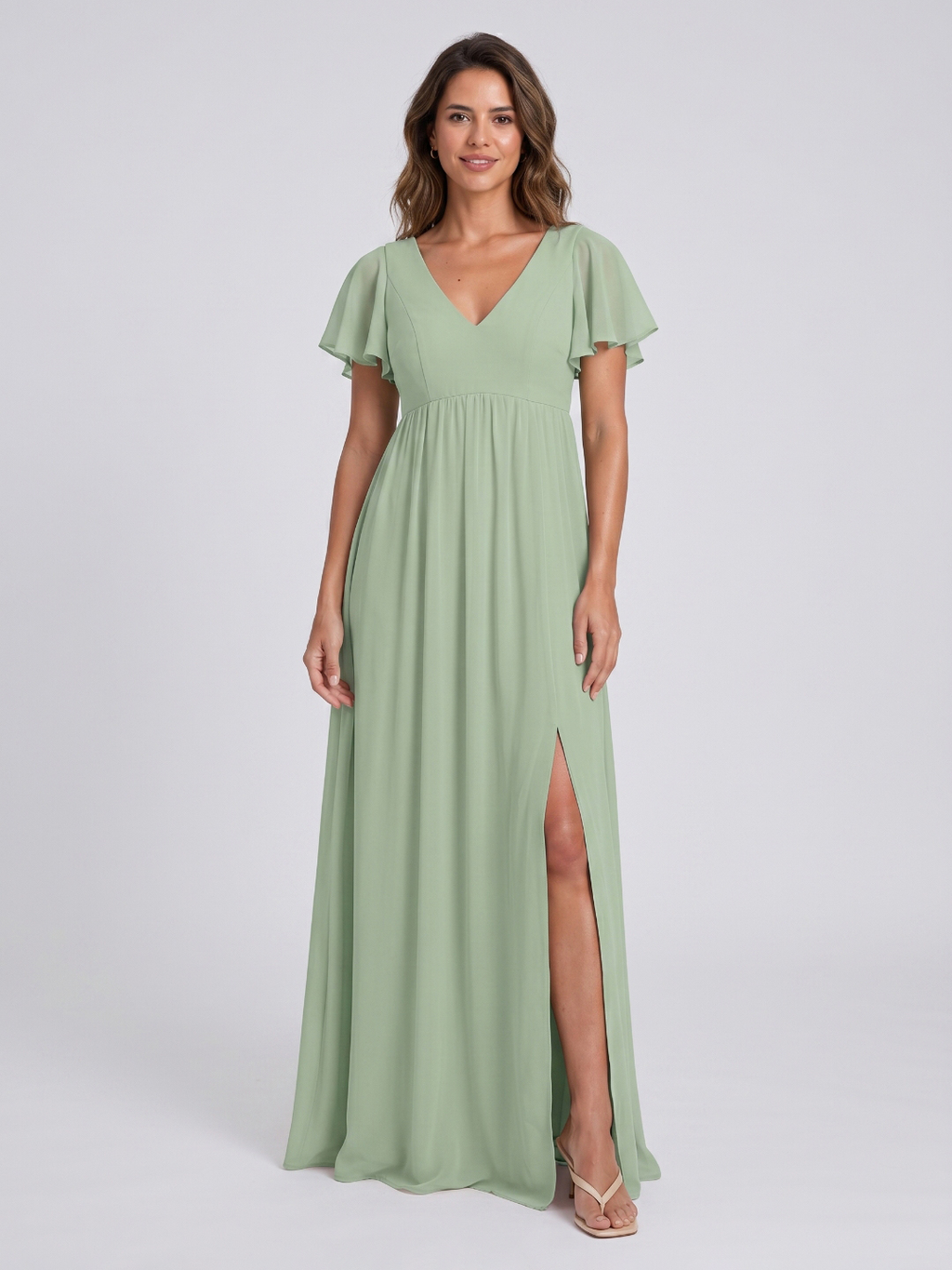 Dusty Sage Chiffon A-Line V-Neck V-Back Floor-Length Bridesmaid Dress with Pleating