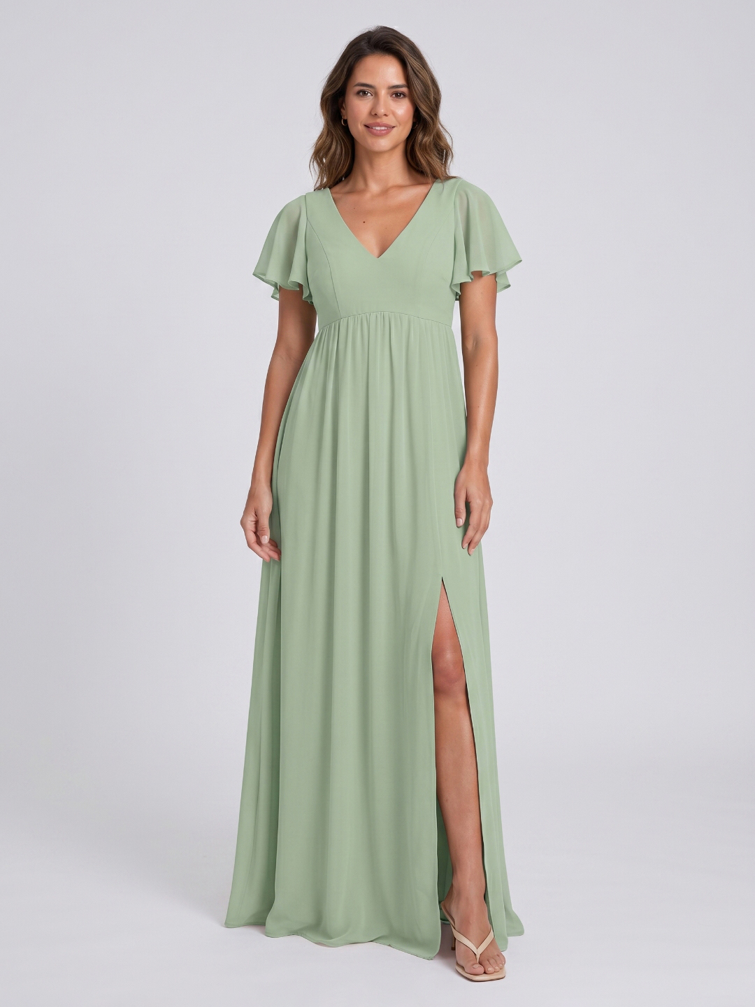 Dusty Sage Chiffon A-Line V-Neck V-Back Floor-Length Bridesmaid Dress with Pleating