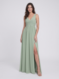 Dusty Sage Chiffon A-Line V-Neck V-Back Bridesmaid Dress with Pleating